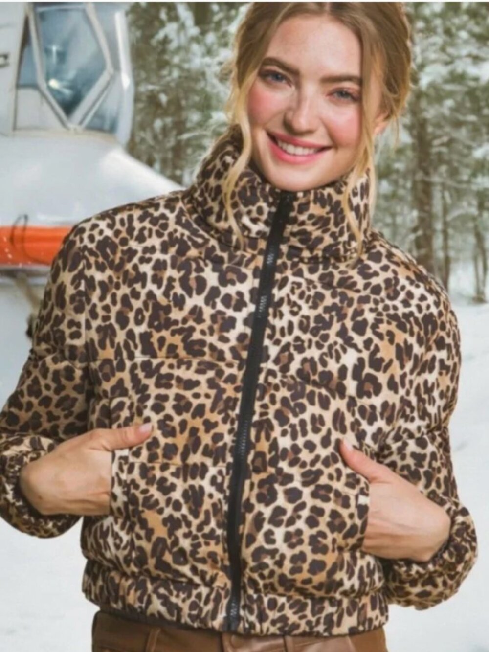 Love Tree Leopard Print Puffer Jacket - Brown & Black
